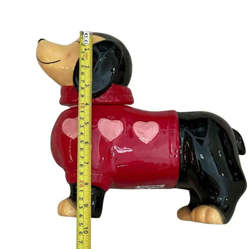 NEW Valentine's Dog Dachshund Cookie Jar Red Sweater Pink Hearts Hand Painted